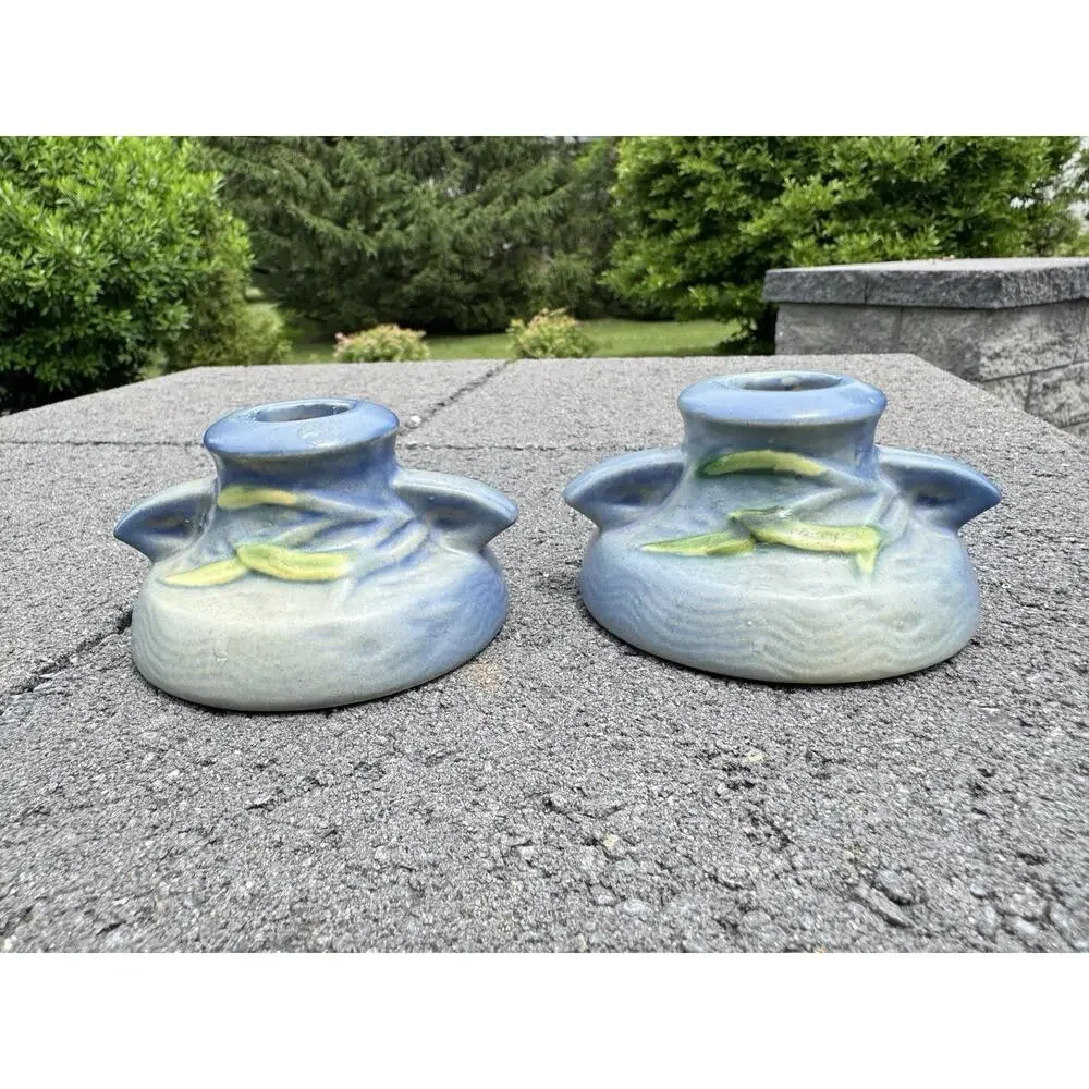 Roseville Freesia Blue Pottery Candle Holder Pair 1160-2 Candlestick Pair